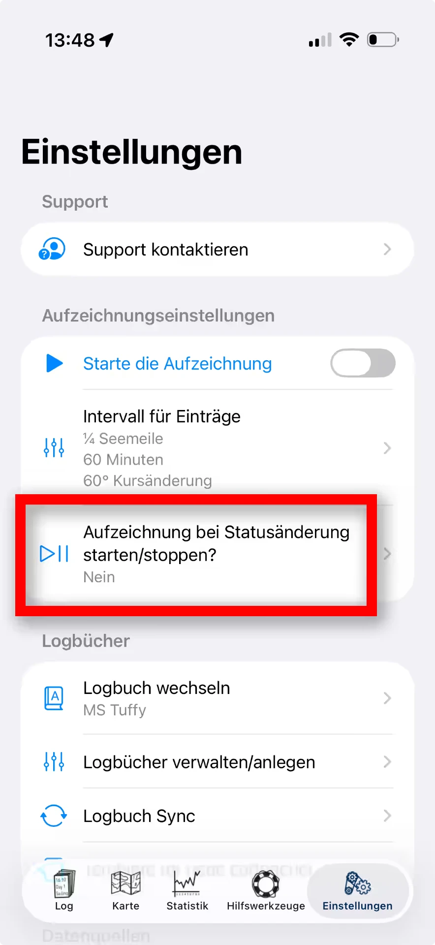 Einstellung „Aufzeichnung bei Statusänderung starten/stoppen“ — iOS, Hell