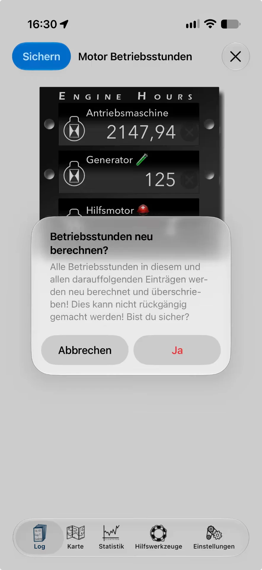 Rückfrage „Betriebsstunden neu berechnen?“ in der Logbuch App — iOS, Hell
