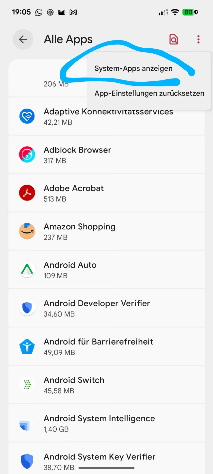 Android-Einstellungen: Im Menü aller Apps die System-Apps anzeigen — Android, Hell