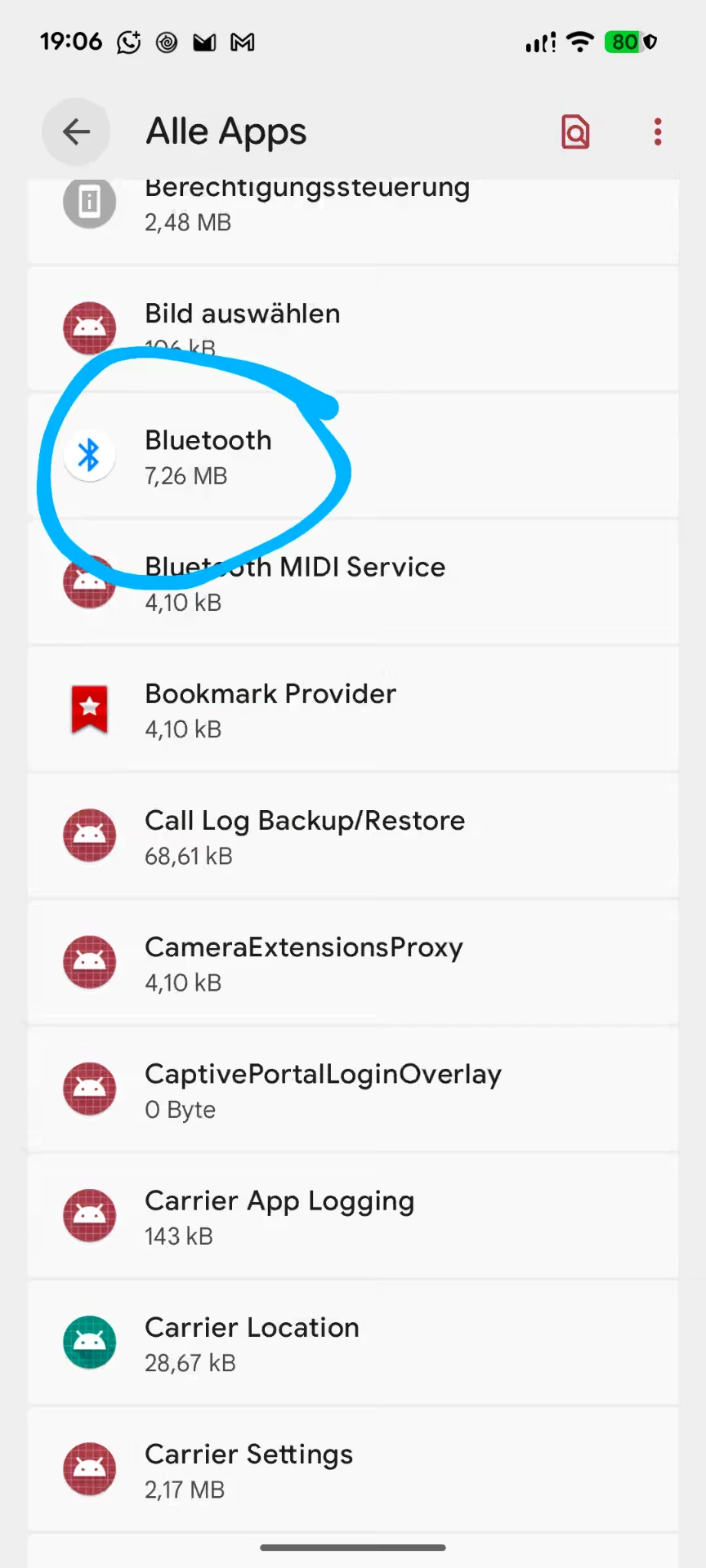 Android-Einstellungen: Bluetooth in der Liste aller Apps auswählen — Android, Hell