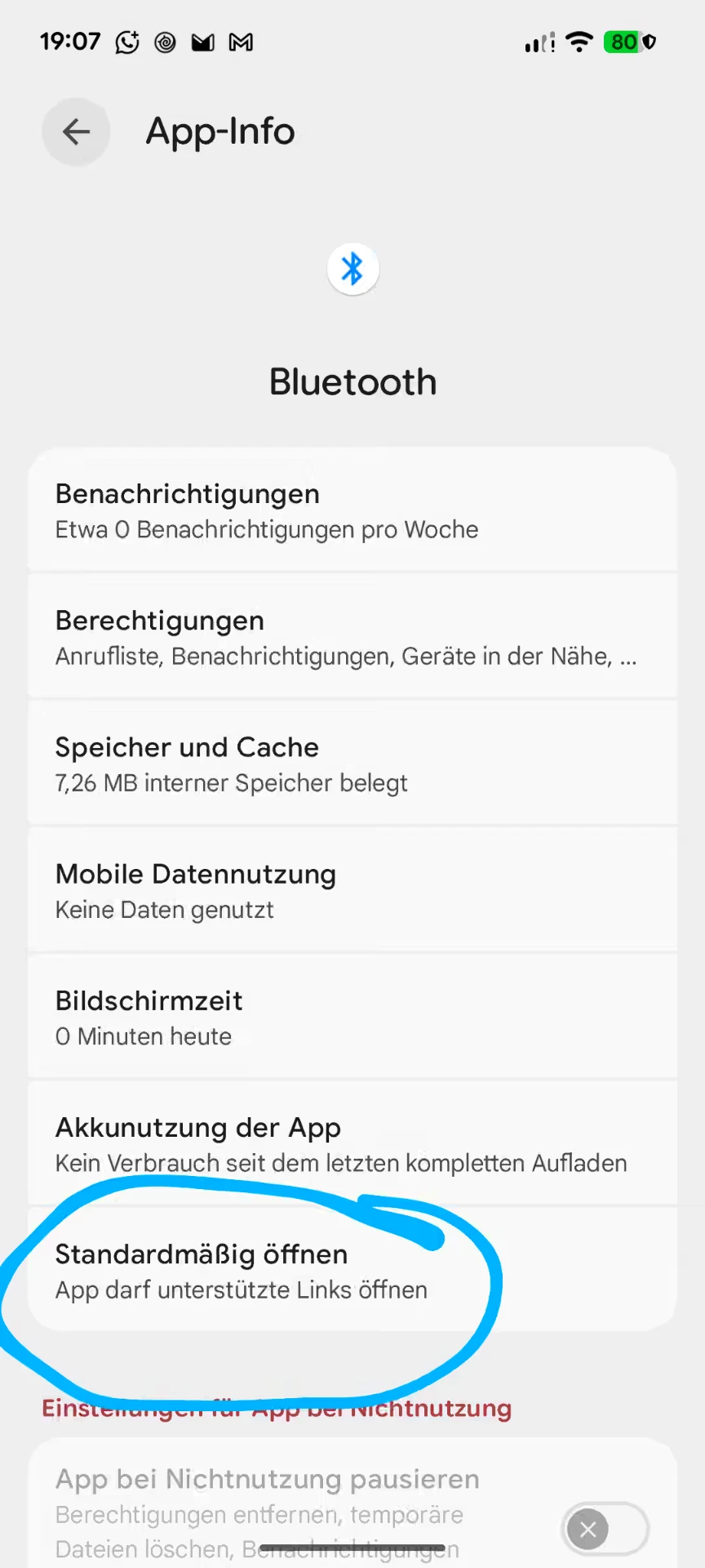 Android App-Info für Bluetooth: Standardmäßig öffnen auswählen — Android, Hell