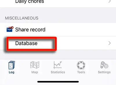 Menüpunkt „Datenbank“ im Eintrag
