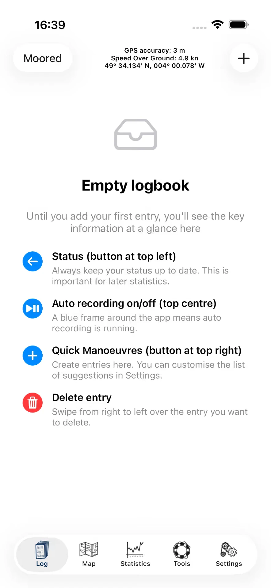 Cuaderno de bitácora vacío con un resumen de las funciones principales — iOS, Hell