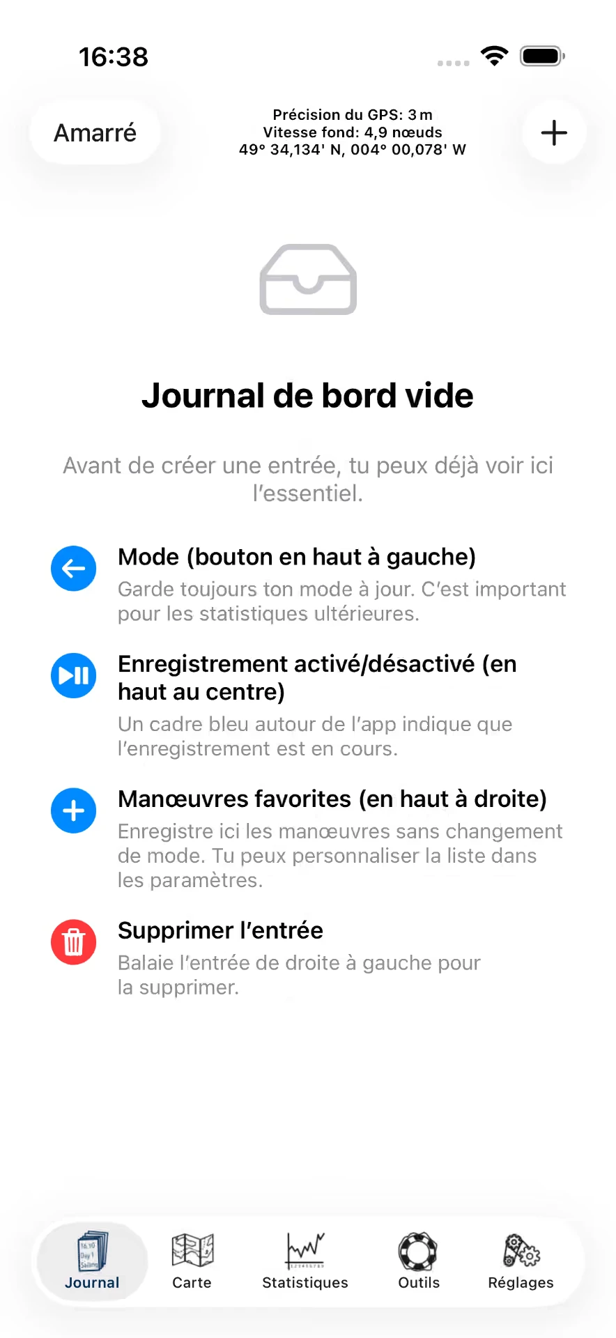 Journal de bord vide avec l’aperçu des fonctions essentielles — iOS, Hell