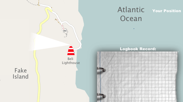 Animation: position and GPS coordinates are written, the distance to the nearest object is measured and the nearest place — Beli Lighthouse — is written into the logbook