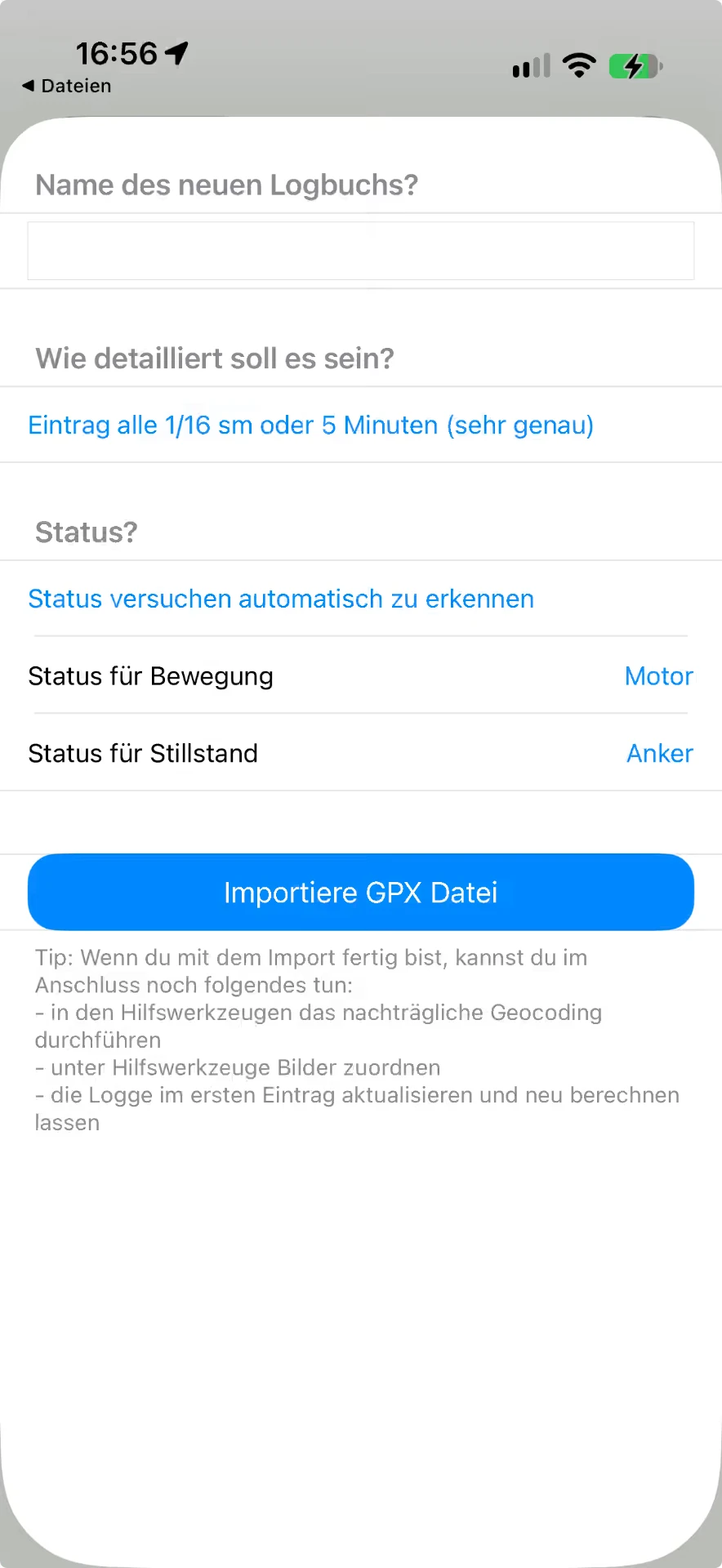 Import-Dialog „Importiere GPX Datei“ in der Logbuch App — iOS, Hell