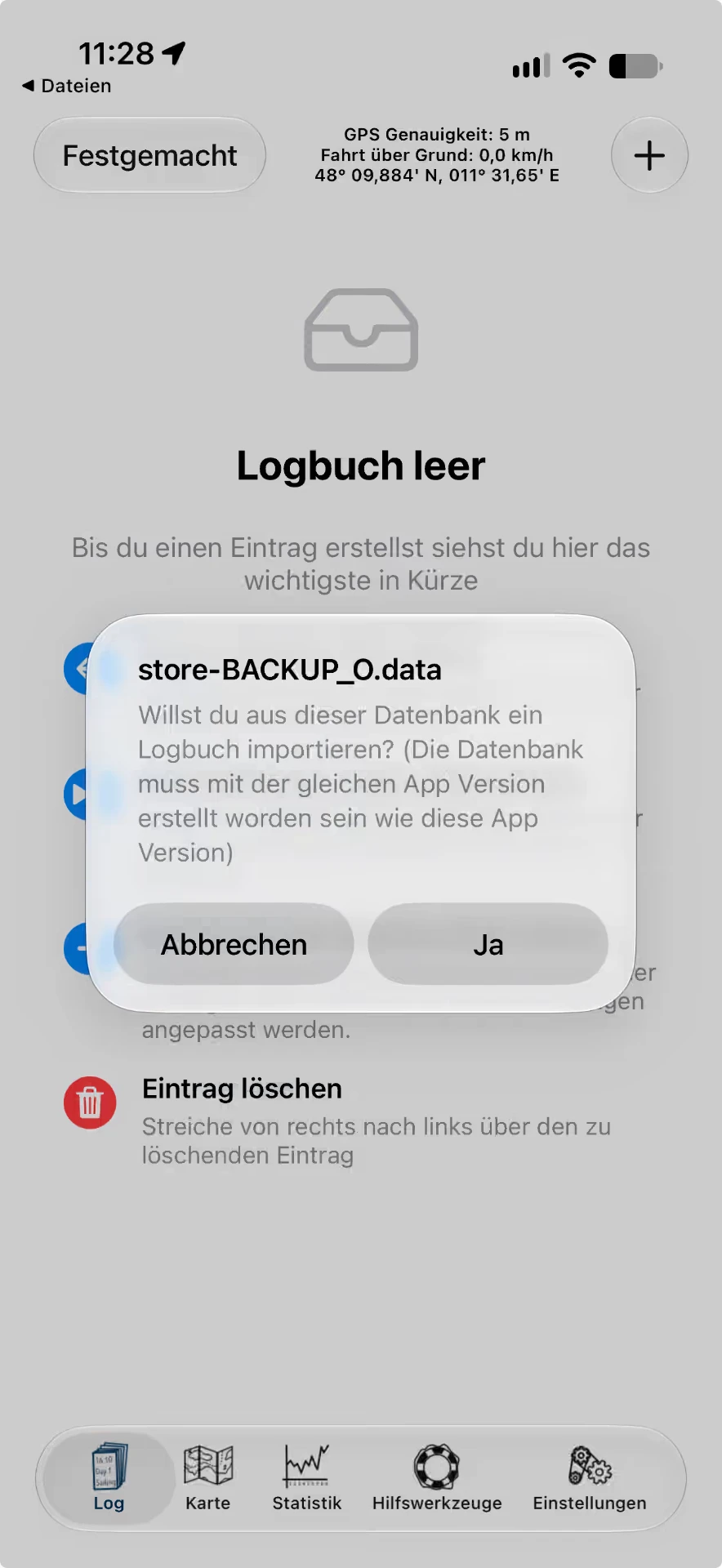 Import der SQLite-Datenbank: Abfrage auf iOS und Menüeintrag „Importiere SQLite Datenbank“ auf Android — iOS, Hell