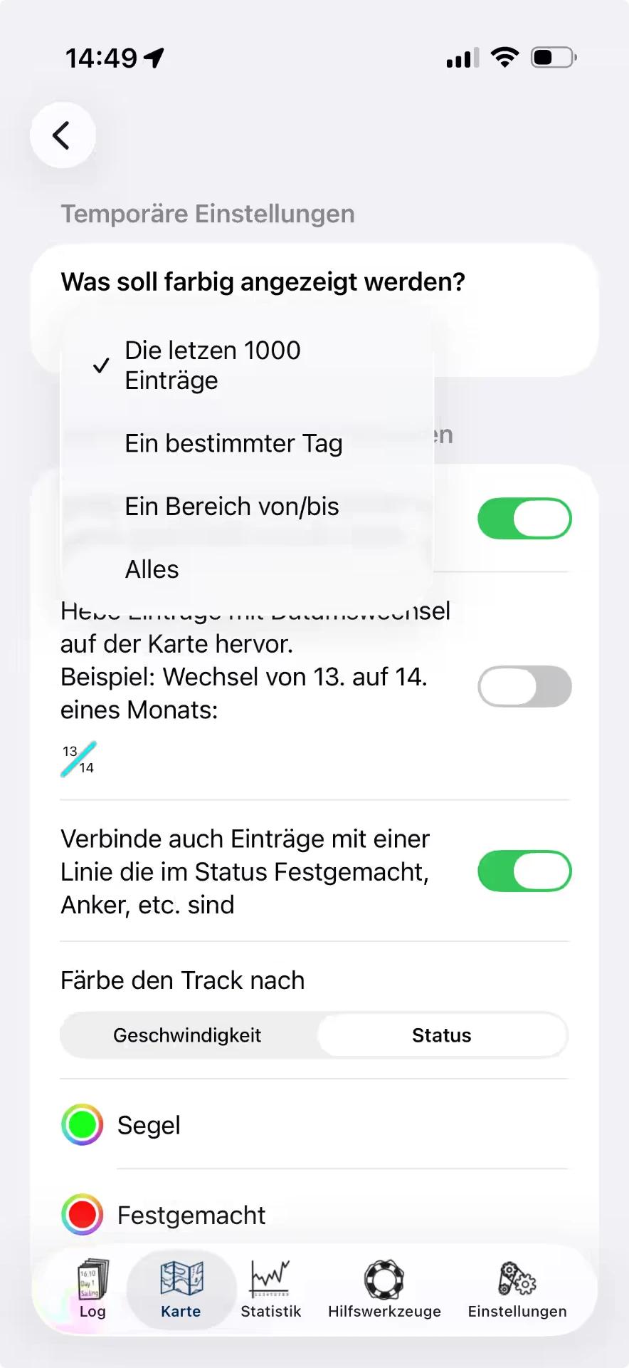 Map settings in the Logbook app — iOS, Hell