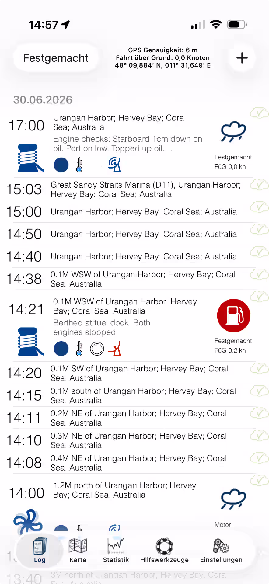Onglet Log avec les entrées d'une journée de navigation — iOS, Hell