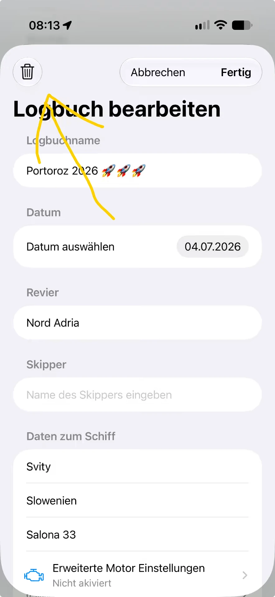 Editing a logbook and deleting it using the bin or menu icon — iOS, Hell