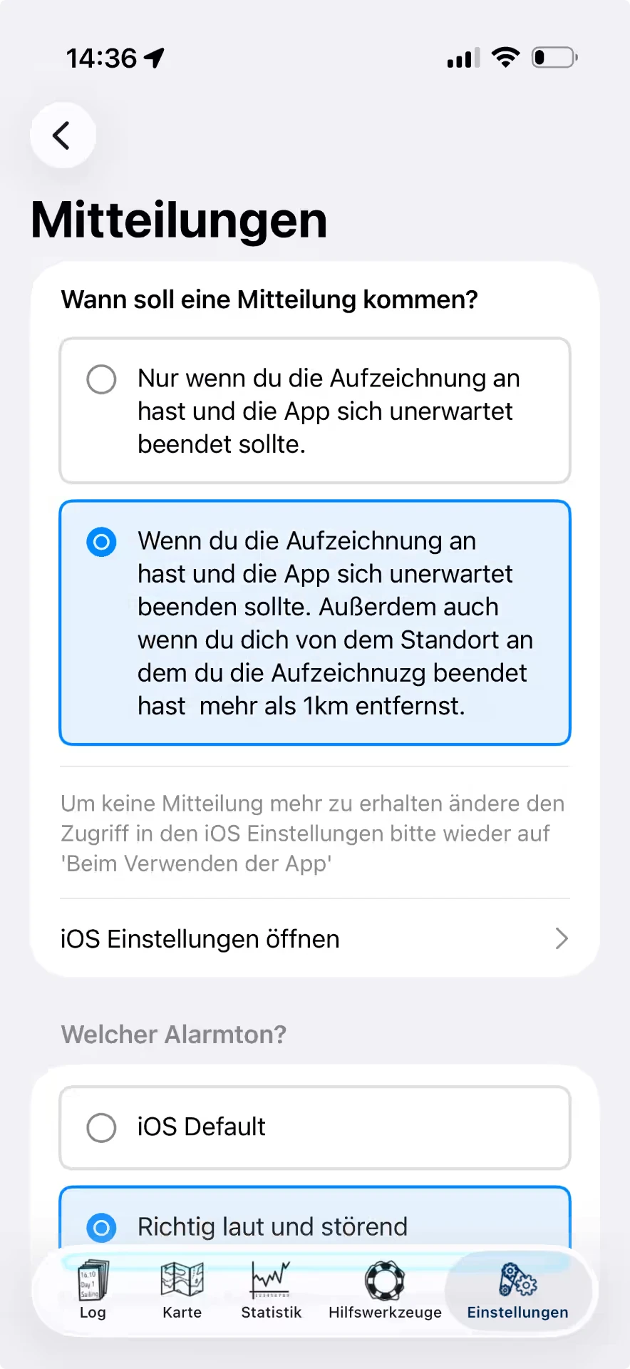 Einstellung „Mitteilung wenn App nicht aufzeichnet“ in der Logbuch App — iOS, Hell