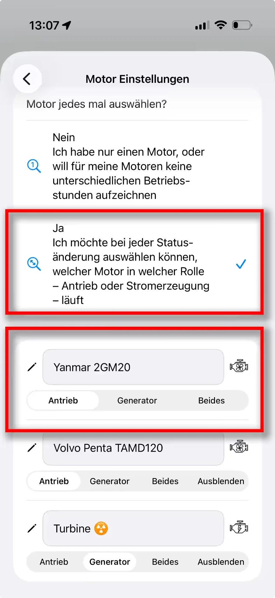 Vista detallada de los ajustes avanzados del motor con nombre y función de cada motor — iOS, Hell