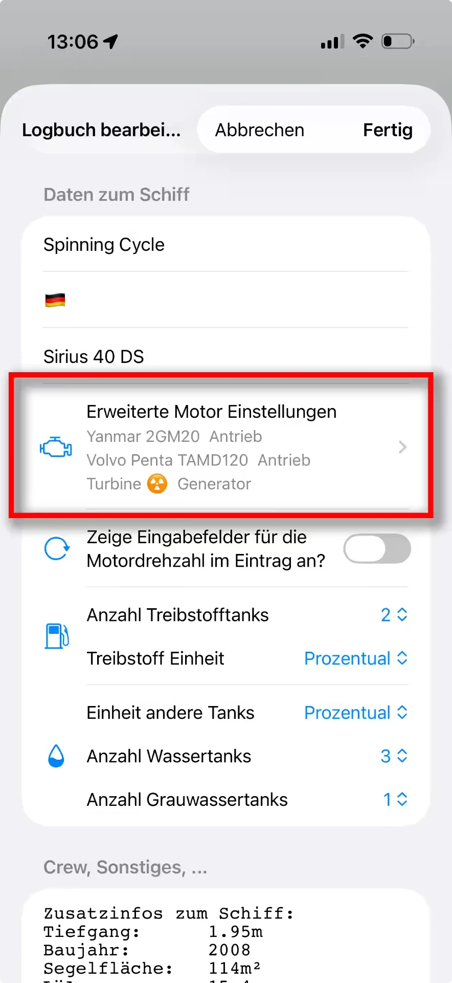 Ajustes del cuaderno con los ajustes avanzados del motor resaltados — iOS, Hell