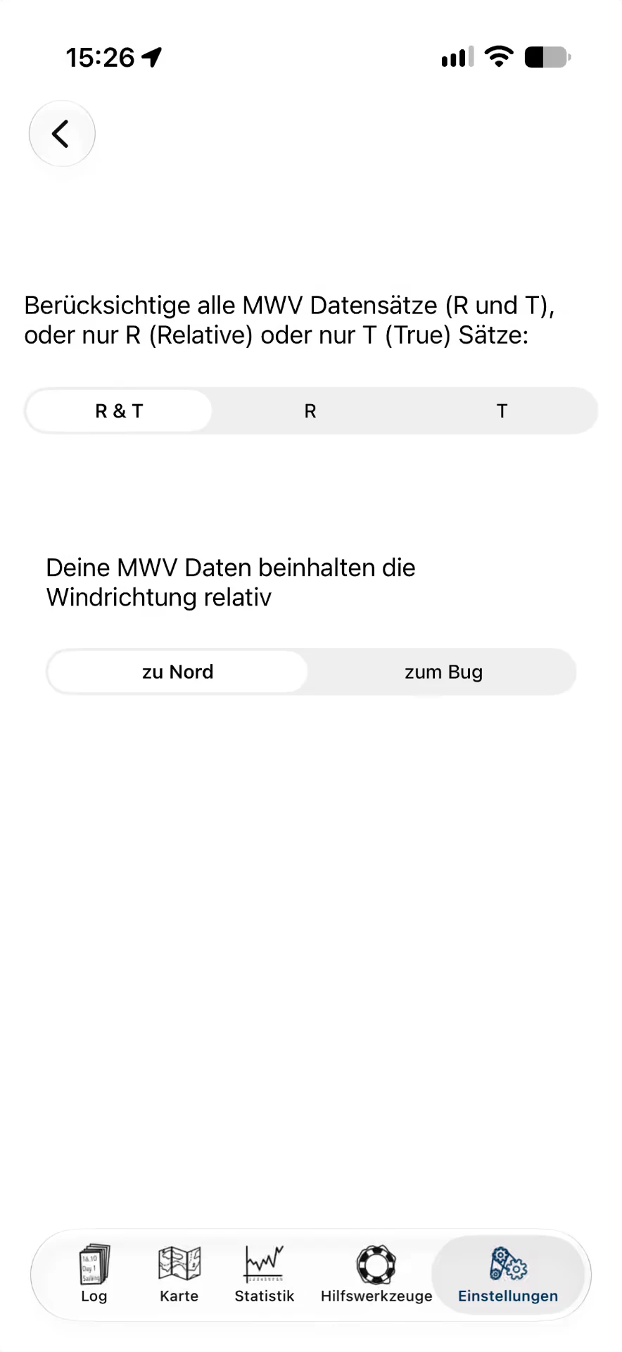 MWV Einstellungen in den NMEA Verbindungseinstellungen der Logbuch App — iOS, Hell