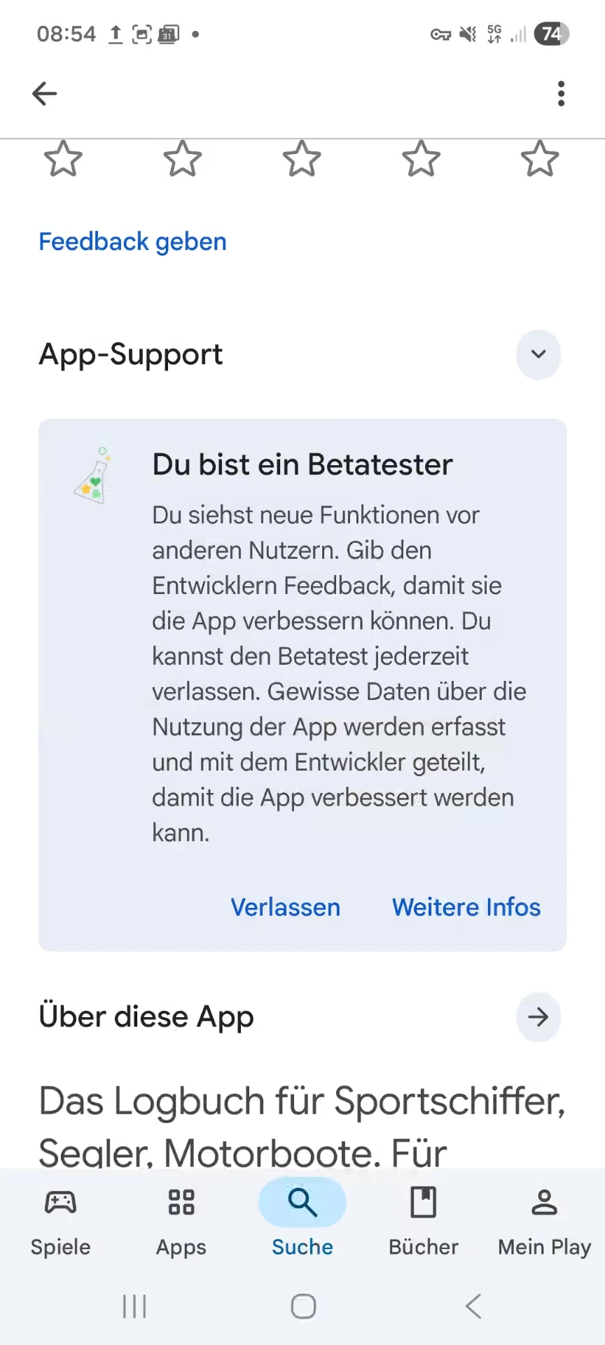 Im Google Play Store als Betatester: „Du bist ein Betatester“ mit „Verlassen“-Button — Android, Hell