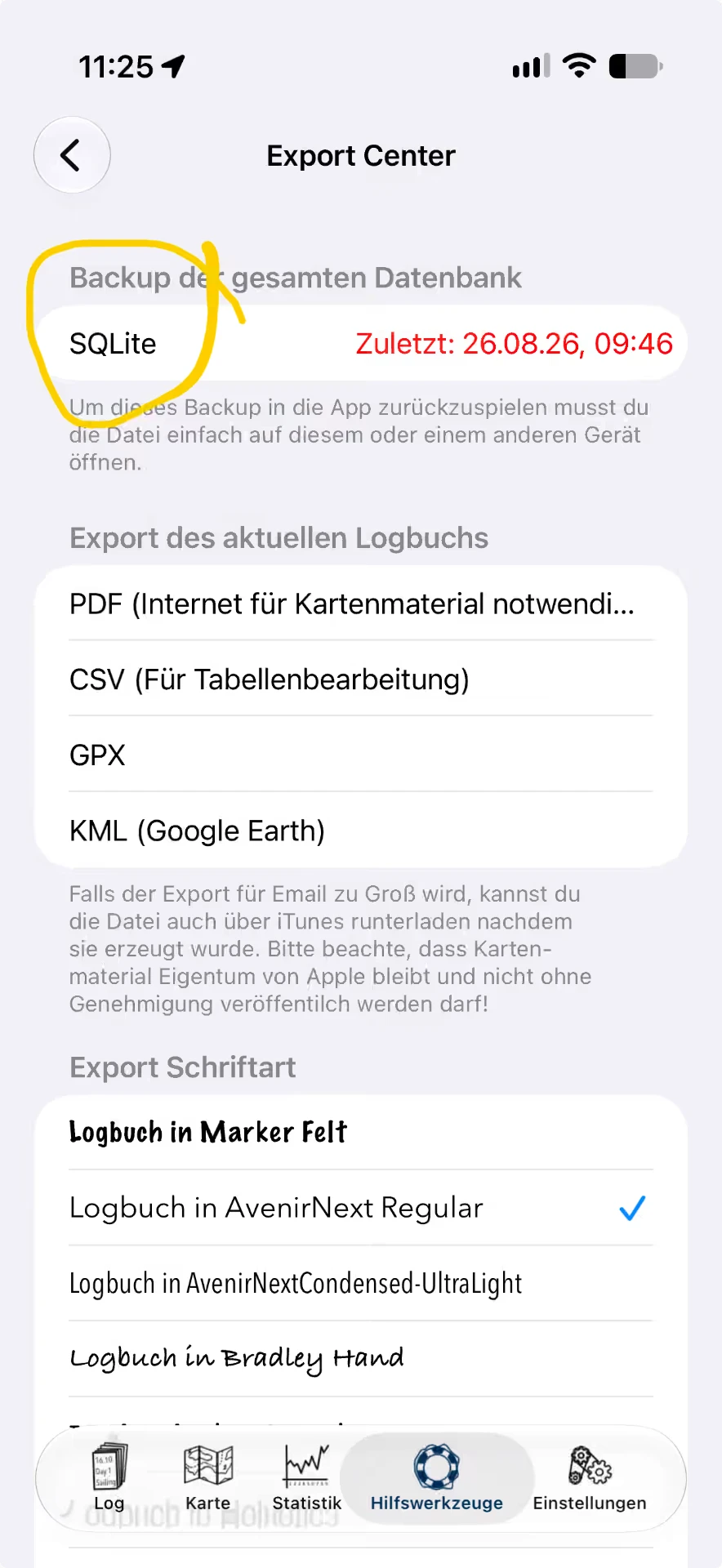 Export Center der Logbuch App mit der Option SQLite für den Export der gesamten Datenbank — iOS, Hell
