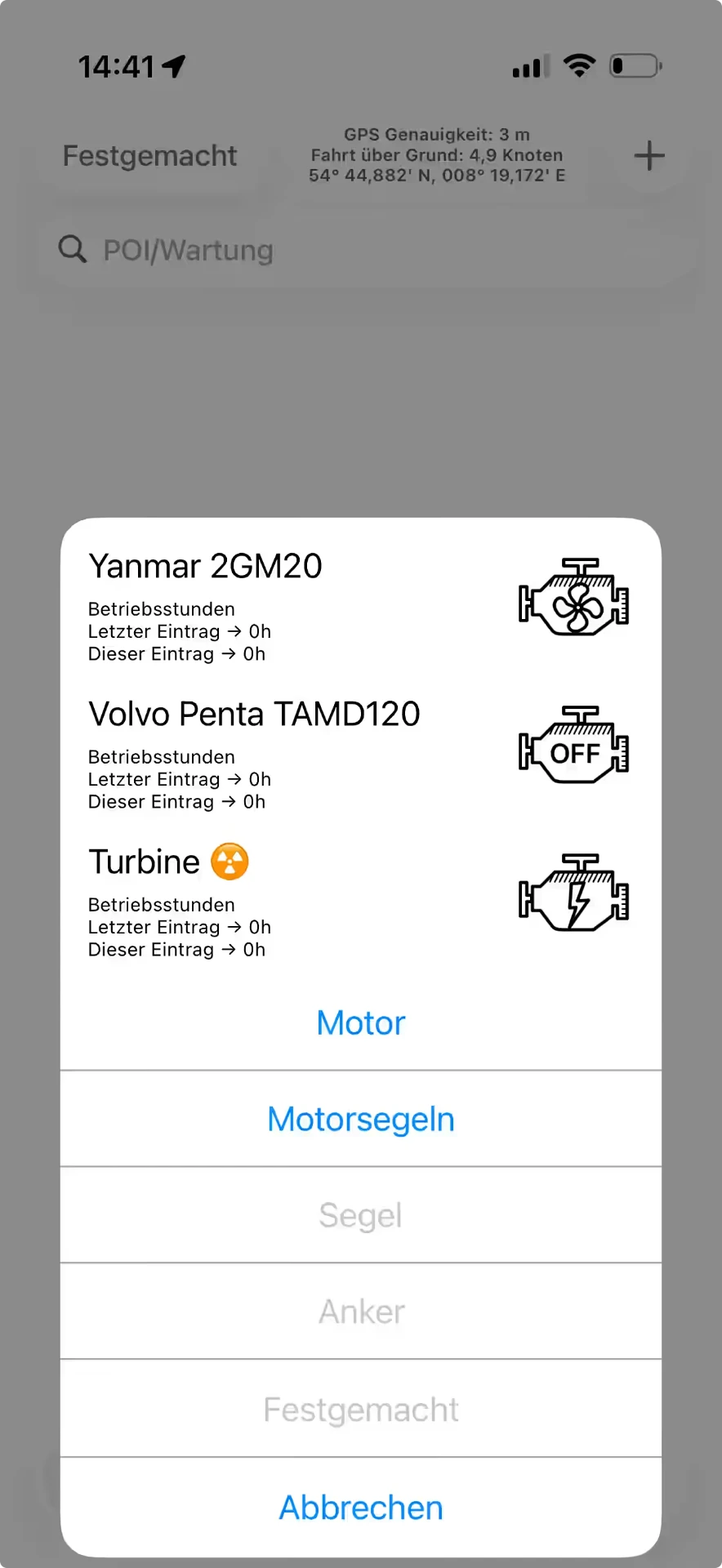 Vista avanzada del diálogo de cambio de estado con selección de motor — iOS, Hell