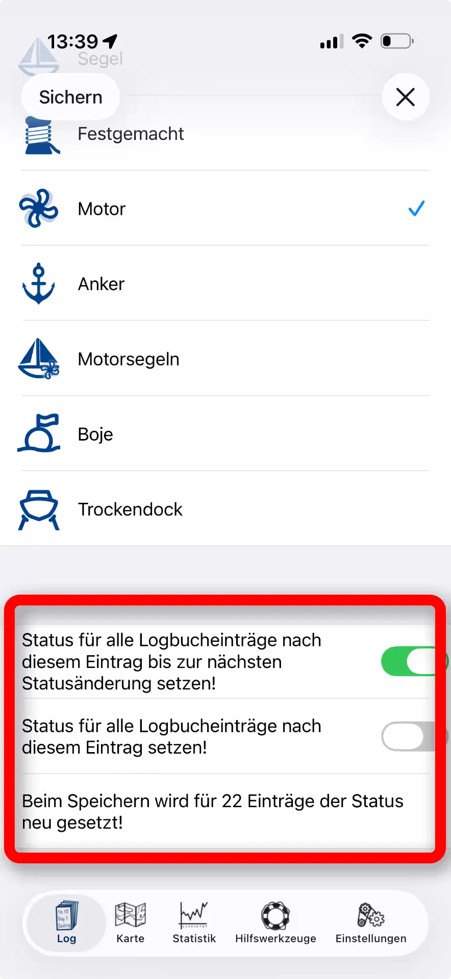 Status für mehrere Logbucheinträge nachträglich ändern — iOS, Hell