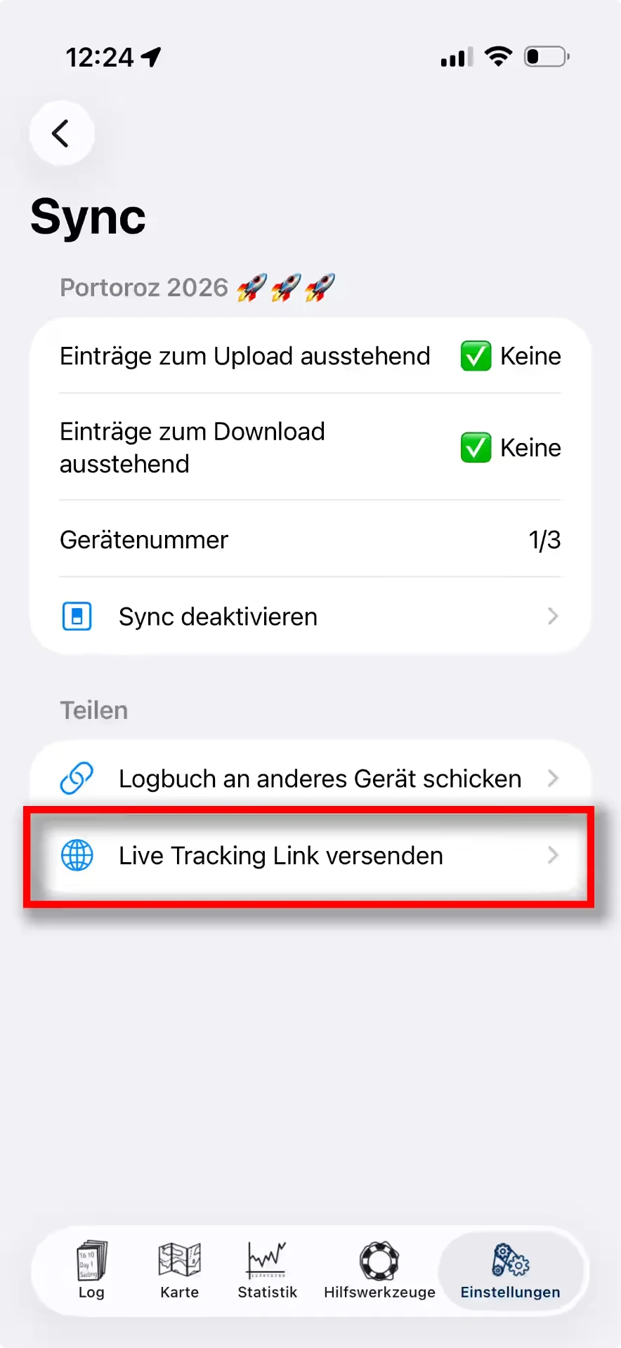 Ajustes de sincronización con la opción «Enviar enlace de seguimiento en vivo» — iOS, Hell