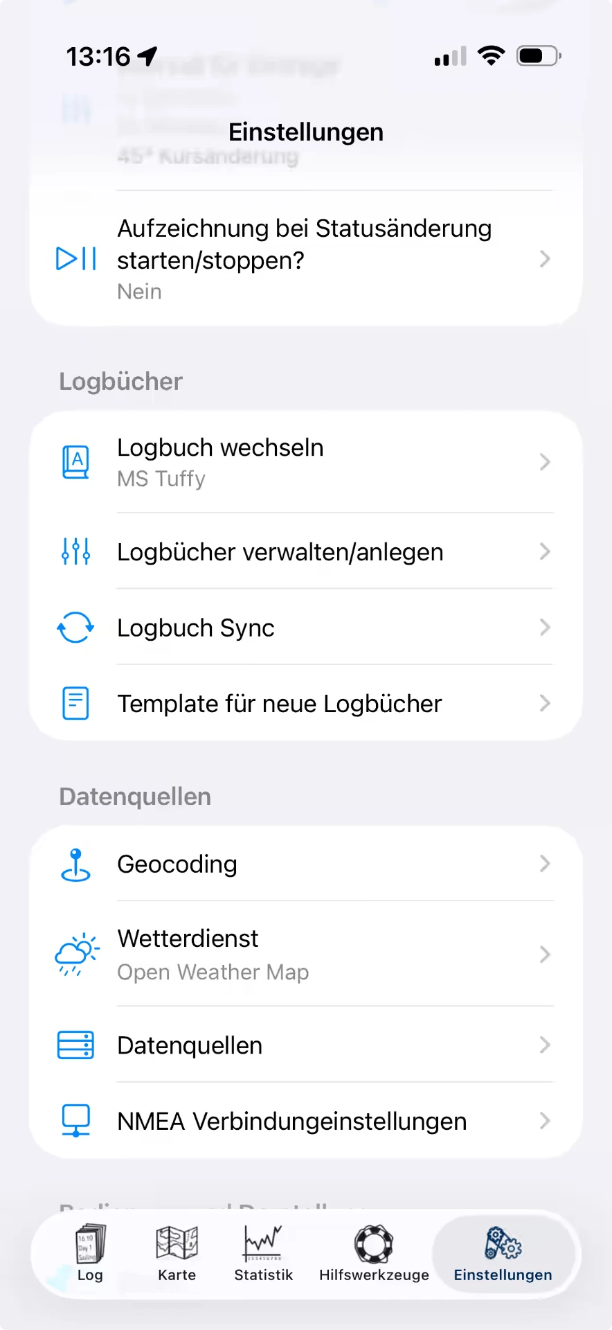 Settings with the “Logbook Sync” menu item and the name of the active logbook — iOS, Hell