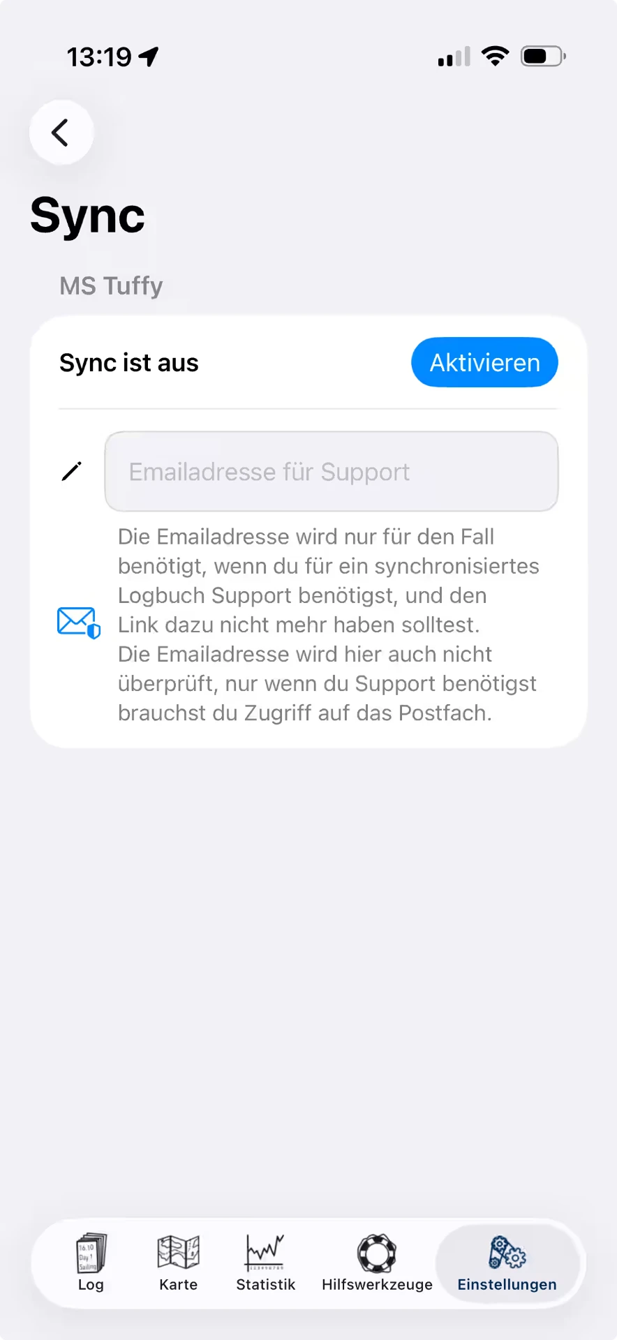 Sync screen with the field for the support email address and the “Activate” button — iOS, Hell