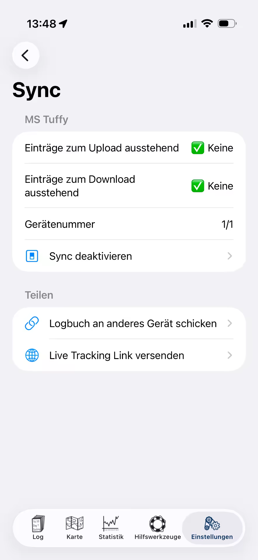 Active sync with the “Share” section and “Send logbook to another device” — iOS, Hell