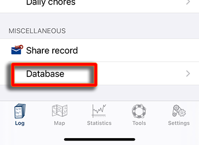 Database menu item in the record