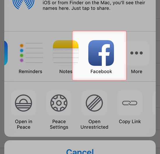 Screenshot wo man Facebook auswählen kann um dort zu posten