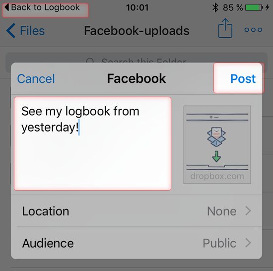 Screenshot wie man einen Post bei Facebook schreiben kann mit der Dropbox App