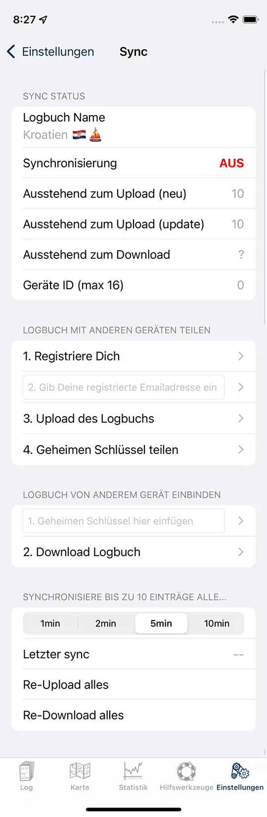 Einstellungen > Logbücher > Logbook Sync