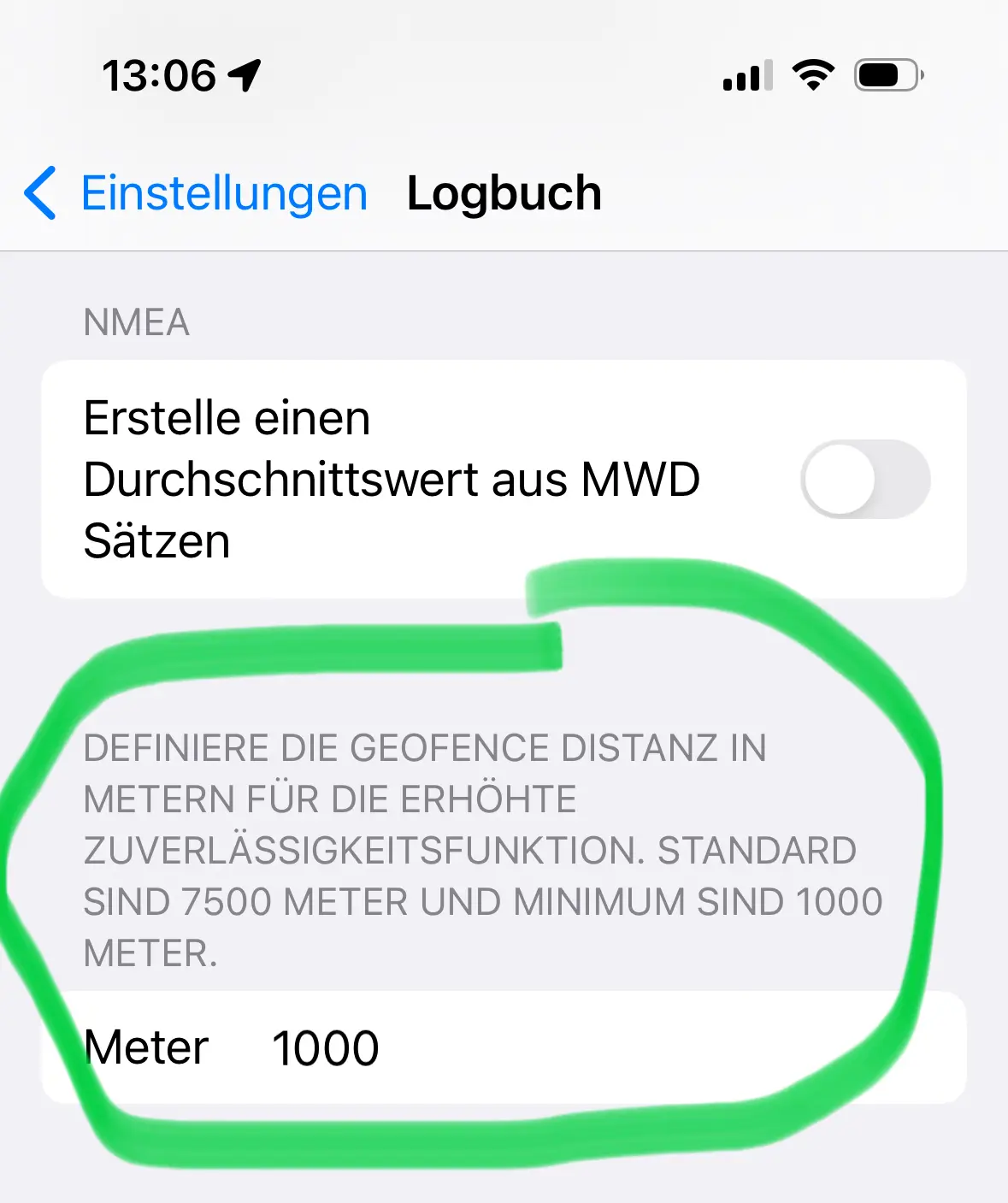 Screenshot zur Konfiguration des Geofence Radius