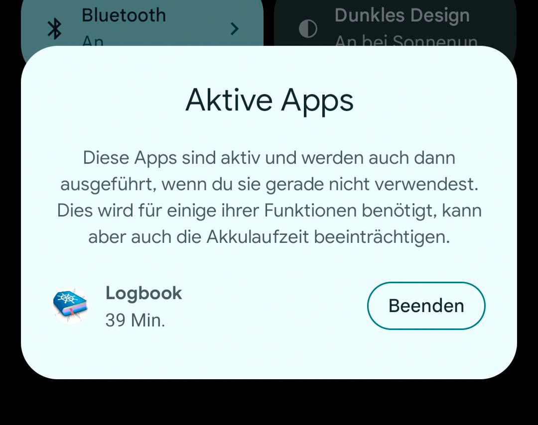 Screenshot von Android der zeigt wie lange die App schon aktiv im Hintergrund ist