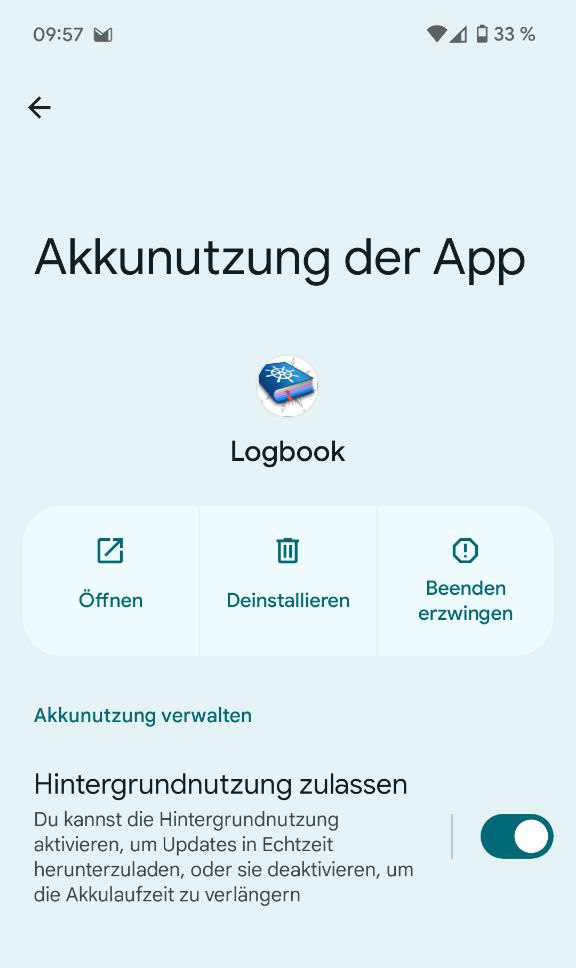 Screenshot of Android shows background activities are allowed for logbook app