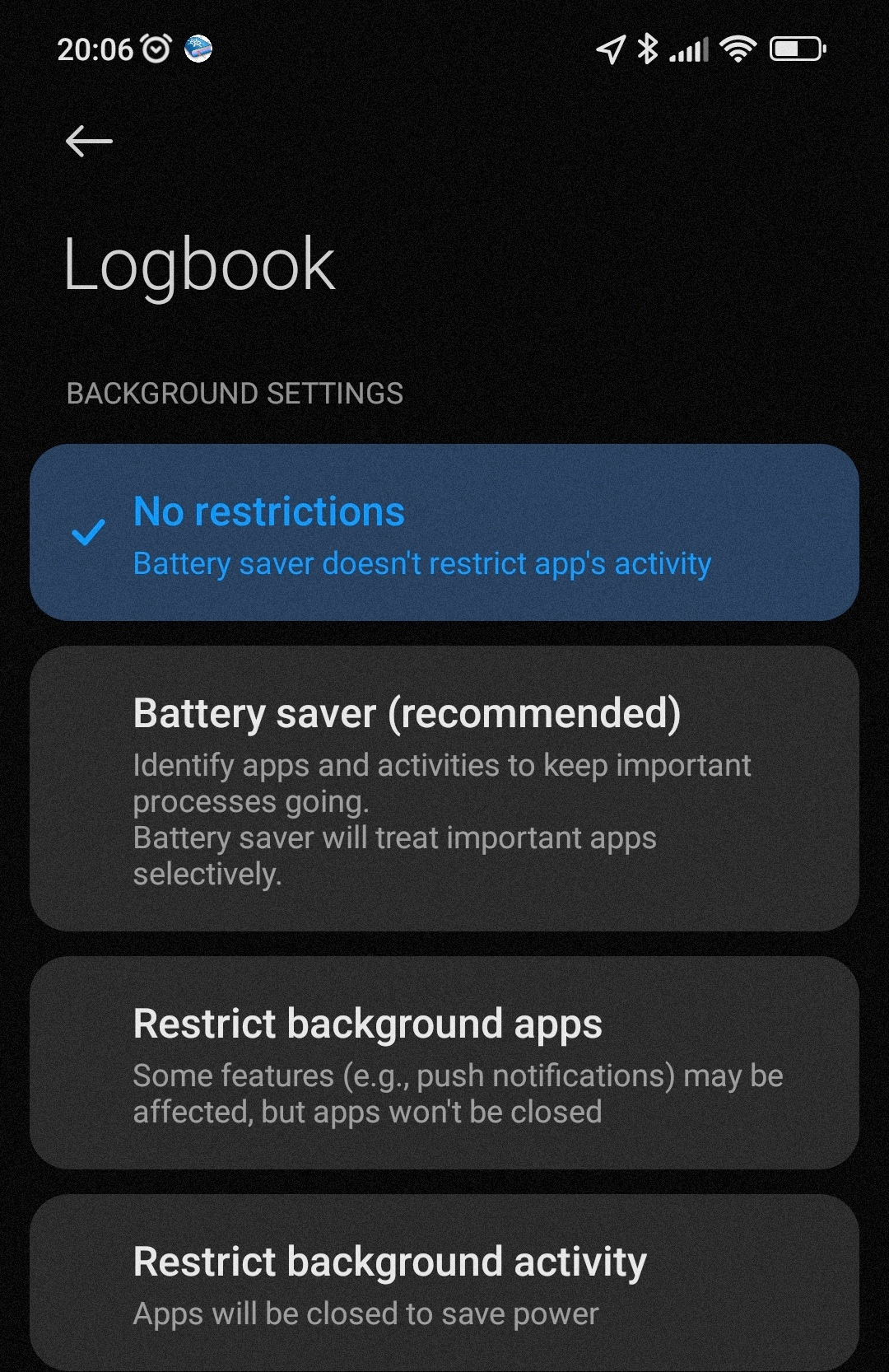 Screenshot of Android shows no background restrictions for logbook app