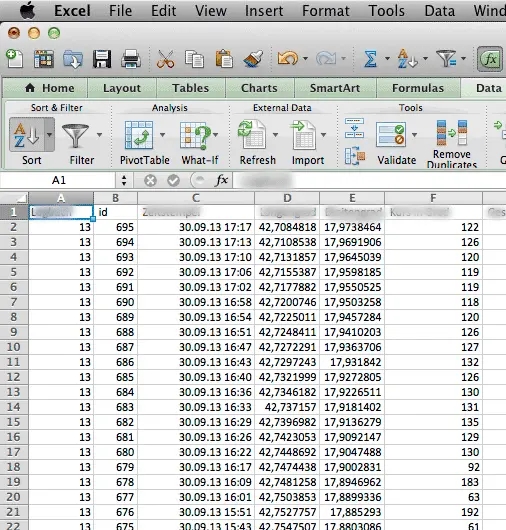 Final logbook imported to Excel