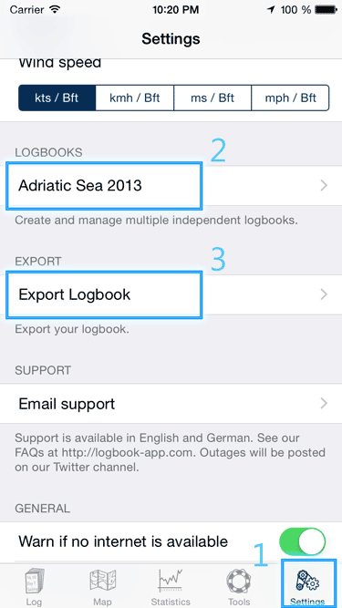Settings screen of Logbook App