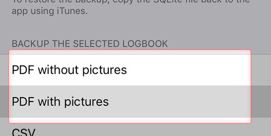 Screenshot how to select a PDF type in Logbook App on iPhone