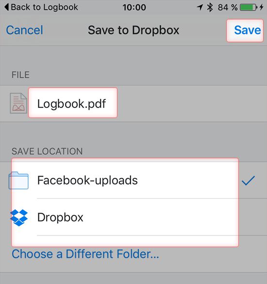 Screenshot how to change filename and location folder in Dropbox