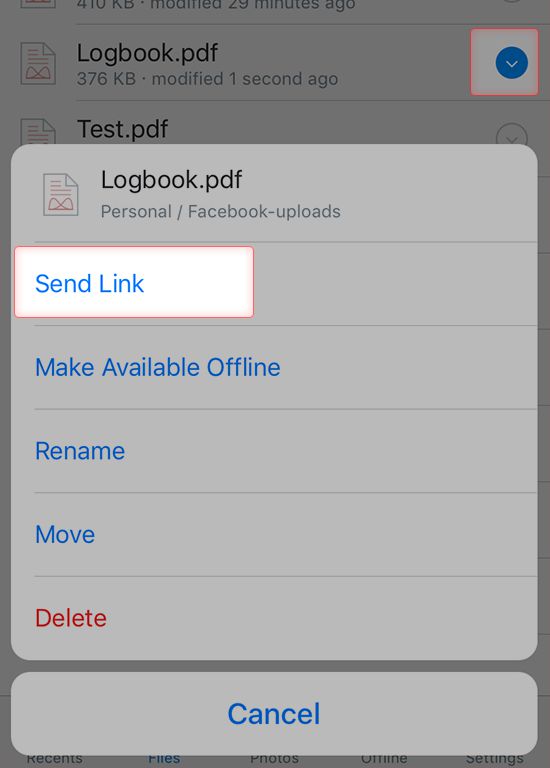 Screenshot how to send a link to your Logbook document to Facebook using Dropbox App on iPhone