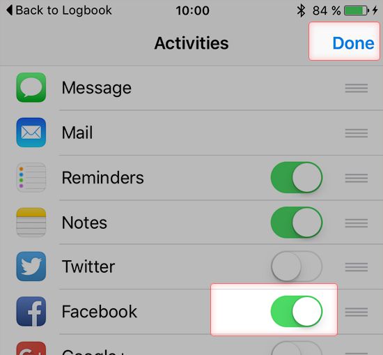 Screenshot how to enable Facebook for the available 3rd party appsin Dropbox App on iPhone