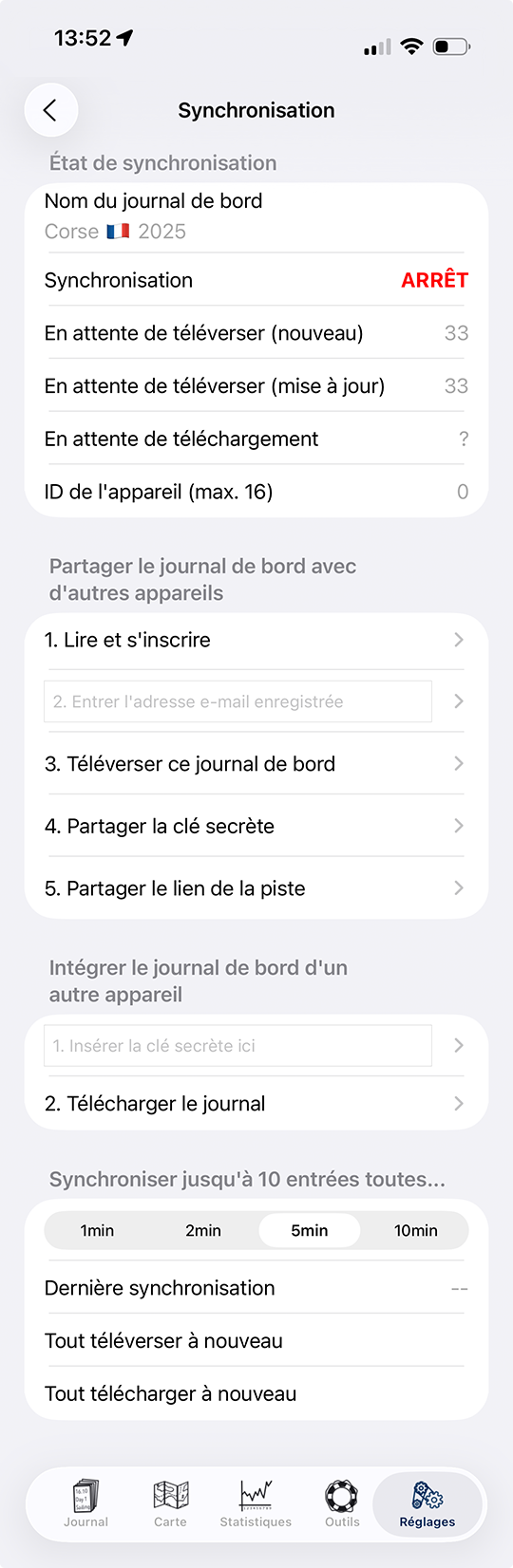 Paramètres de l'application synchronisation screenshot journal de bord Réglages > Journaux de bord > Synchronisation du journal de bord
