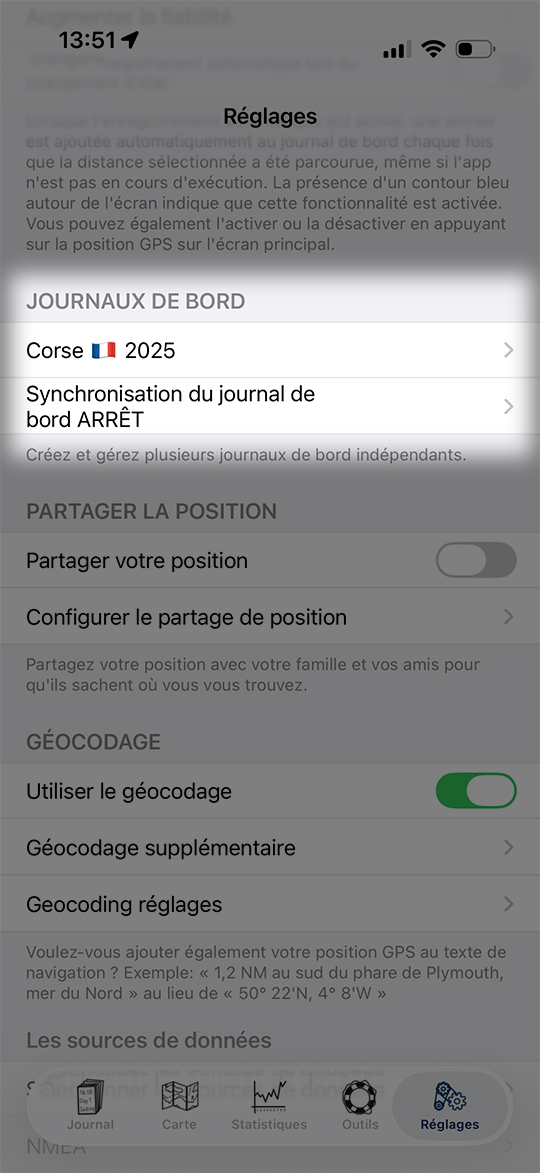 Paramètres Capture d'écran Journal de bord App Réglages > Journaux de bord