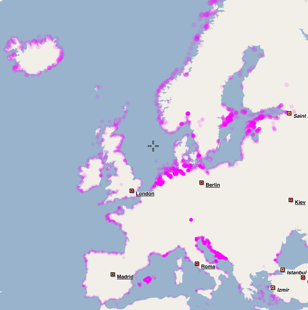 Mapa general de la cobertura de la geocodificación de la app del cuaderno de bitácora