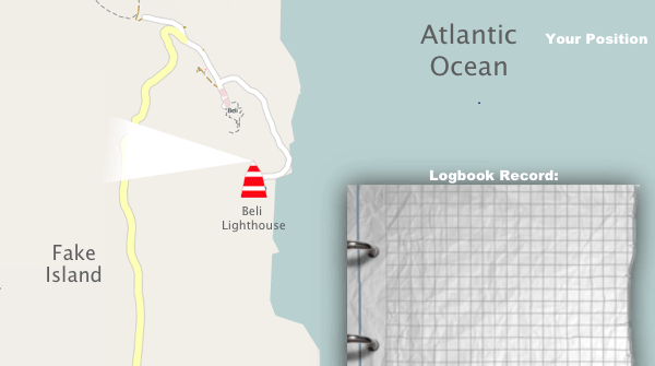 Je positie en GPS-coördinaten worden ingevoerd, de afstand tot het dichtstbijzijnde object wordt gemeten en de NEXT porision is Beli Lighthouse in de Fake Islands op de Altlantische Oceaan. Dit wordt in het logboek geschreven.